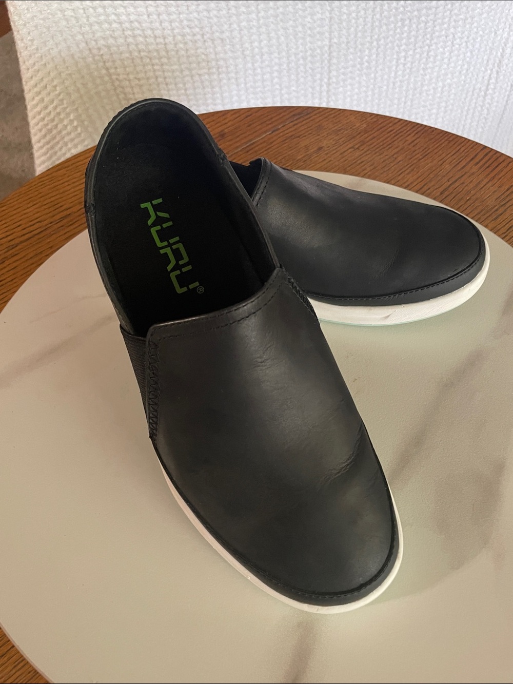 KURU Black Slip-On Leather Loafers with White Sole